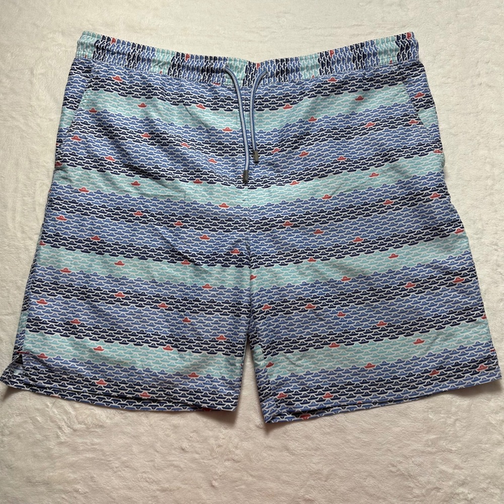Peter Millar Swim Trunks Boat Print Drawstring Swim Shorts Blue Mens‎ Sz L *READ